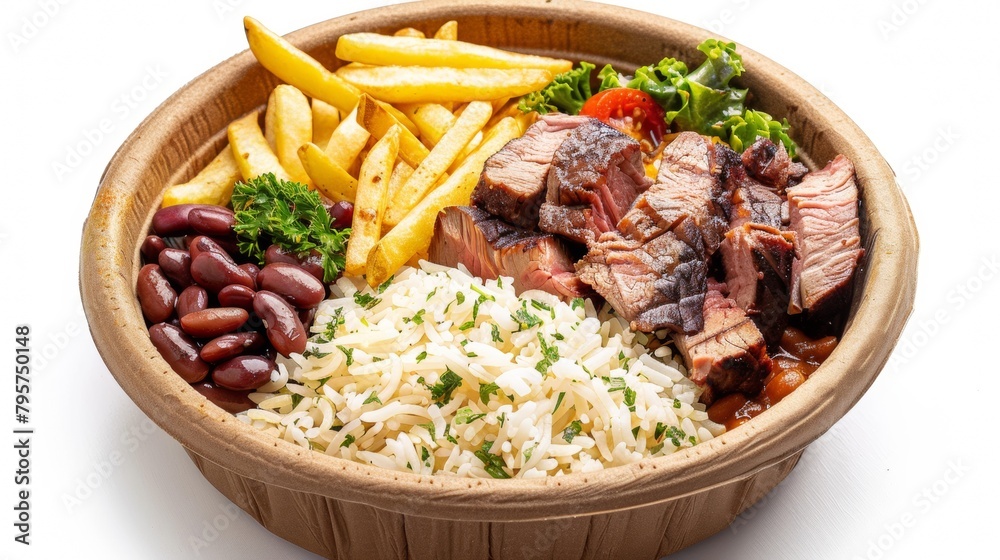 Fast food of Brazilian cuisine. round lunch box, with rice, beans, steak, French fries, on a white background. Fast food of Brazilian cuisine. round lunch box, with rice, beans, steak, French fries, on a white background.