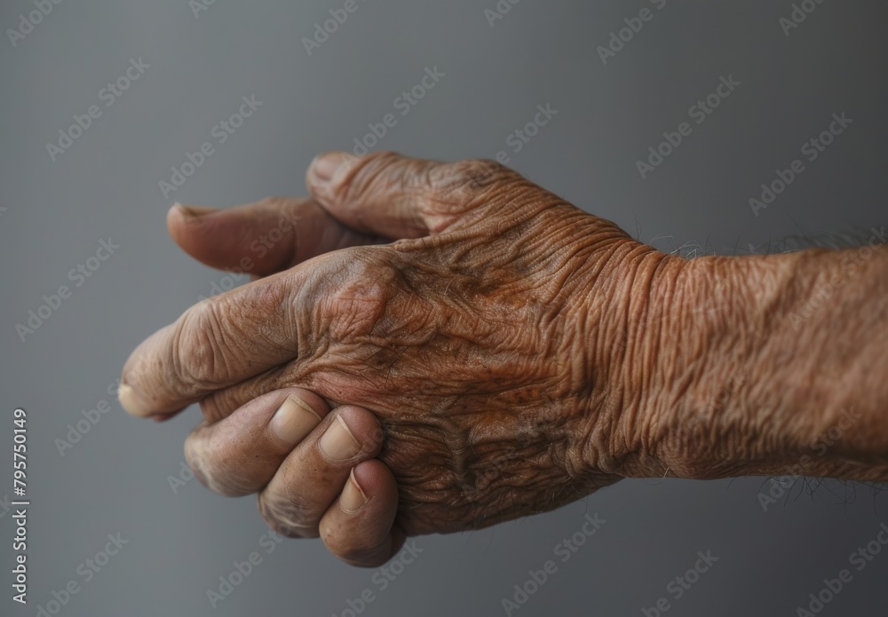 Fototapeta premium Anonymous person, grey background, suffering from arthritis, touching wrist, close-up