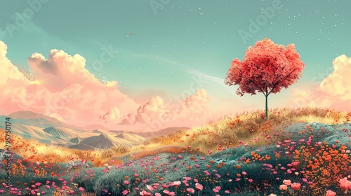 a painting of a tree on a hill with flowers in the foreground and a sky with clouds in the background