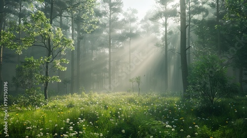 a forest with a lot of trees and flowers in the grass and sunbeams shining through the trees 