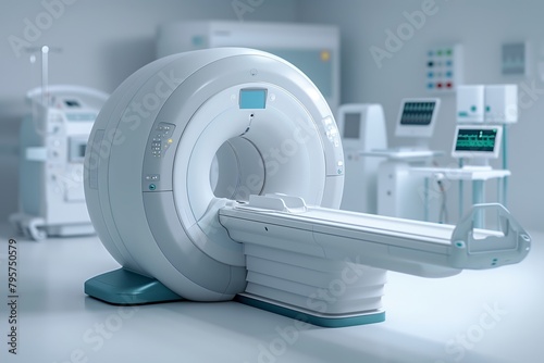 Magnetic resonance machine inside the clinic interior. MRI with no humans. Device for disease detection, diagnosis, and treatment monitoring.
