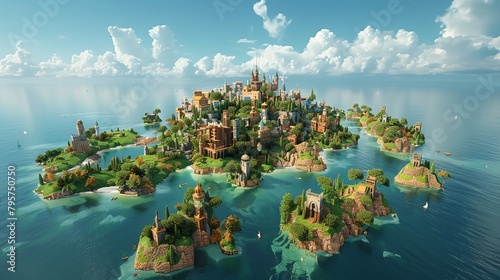 a small island with a castle on it in the middle of the ocean with a lot of trees on it