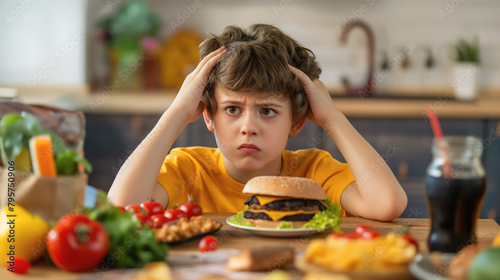 Preschool boy, male kid choosing between healthy and unhealthy fast food, junk processed hamburger or organic fruits and vegetables. Nutrition and diet meal concept, thinking, decision