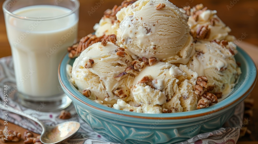 A table holds a scoop of ice cream in a bowl topped with pecans, accompanied by a glass of milk A napkin and spoon are nearby A table holds a scoop of ice cream in a bowl topped with pecans, accompanied by a glass of milk A napkin and spoon are nearby