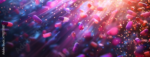 a bunch of pills floating in the air with a blurry background photo