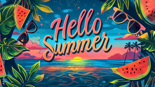 Text hello summer for tropical holiday travel season, beach palm trees and sunset over the sea or ocean horizon illustration. Typography flyer wallpaper, tourism banner background, watermelon © Nemanja
