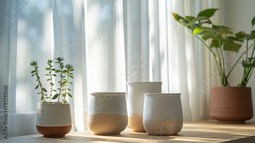a group of three vases sitting on top of a table next to a window with a plant in it.. © progressman
