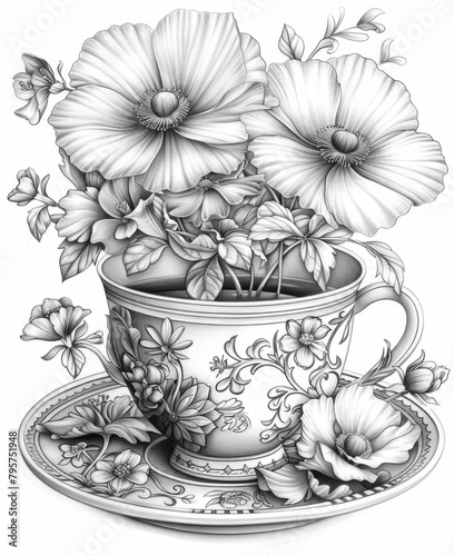 Intricate Floral Design in Teacup Illustration