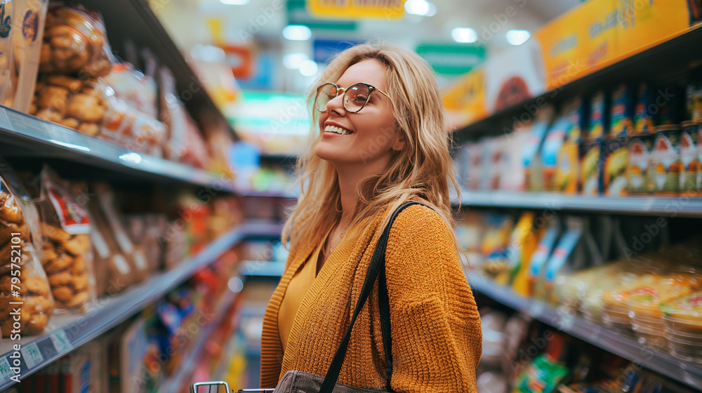 Smiling woman looking for skin care products at cosmetic store.