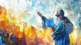 a painting of Jesus pointing to the sky with people around him in the background and a painting of him holding his hands up