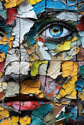 A detailed view of a persons face meticulously crafted using a mosaic of torn paper pieces, showcasing a unique and creative art form