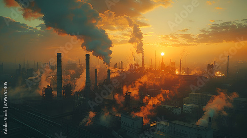 Factory with Large Pipes and Smoke Pollutes,
At sunset the plant releases smoke and smog from its pipes resulting in pollutants being released in
 photo