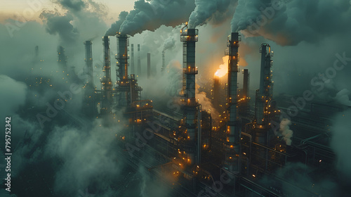 Factory with large pipes and smoke pollutes, industrial impact, ecology in crisis, environmental pollution, industrialization, smokestacks, air pollution, environmental degradation, industrial emissio photo
