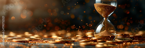 Golden Coins and Hourglass Sand Clock Time, Coins and an hourglass confront the businessman denoting fiscal time management 