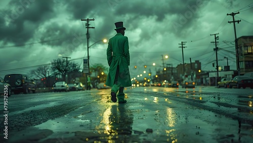 Man in green attire and top hat strolls on St Patricks Day. Concept Fun on St, Patrick's Day, Irish fashion trends, Green outfit ideas, Top hats for men photo