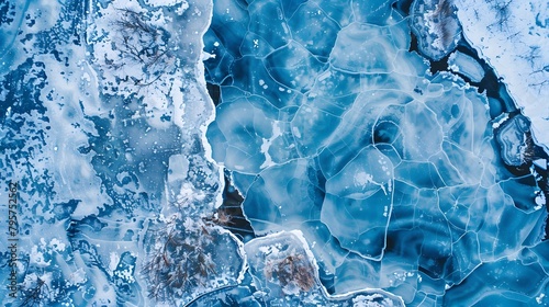 Abstract aerial view of a frozen lake, with ice patterns forming natural geometries in high definition photo