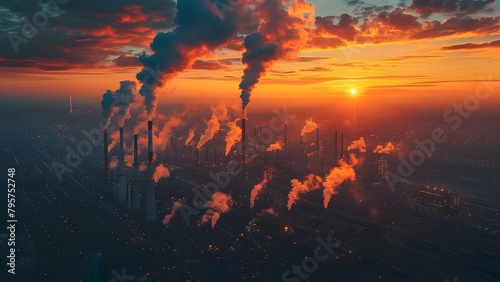 Environmental Concerns: Chemical Factory Smokestacks Emitting Pollution at Sunset. Concept Environmental Conservation, Air Pollution, Industrial Emissions, Sunset Photography