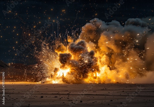 Explosion ignites desert sand  creating billows of smoke  flames  and sparks under the night sky.