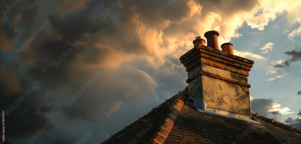 Close-up of a brick chimney on a house roof at sunset. Close-up of a brick chimney on a house roof at sunset.
