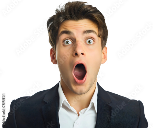 Happy and excited young businessman with shocked and surprised face expression, open mouth, isolated on transparent background. Manager or entrepreneur, employee promotion achievement success
