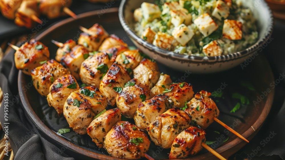 A table holds a plate of chicken skewers, a bowl of rice, and a separate bowl for salad A table holds a plate of chicken skewers, a bowl of rice, and a separate bowl for salad