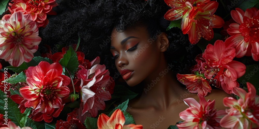 beautiful black woman surrounded by flowers beautiful black woman surrounded by flowers