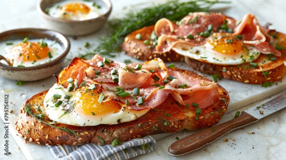   A tight shot of a slice of bread topped with meat and an egg, background features a bowl of yogurt