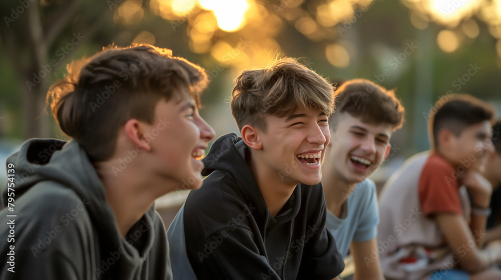 Group of four preteen tween boys laughing, friends sitting together outdoors on a wooden bench in a park and talking. Community happiness and joy, summer leisure hanging out outside