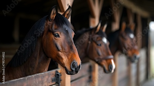 Horses peeking out of stable boxes in an equestrian club farm scene. Concept Equestrian Club, Stable Boxes, Horses, Farm Scene, Animal Portraits © Ян Заболотний
