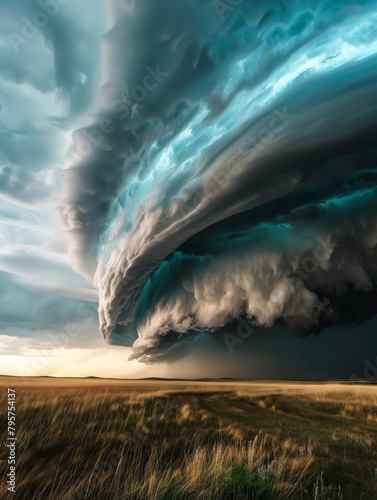 Swirling clouds of supercell storm over a tranquil green field at dusk.