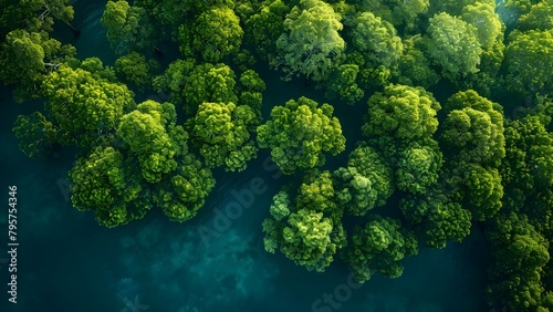 Aerial perspective of lush green forest with carbon-neutral trees sequestering CO. Concept Nature Conservation, Carbon Sequestration, Aerial Photography, Green Forests, Sustainable Ecosystems photo