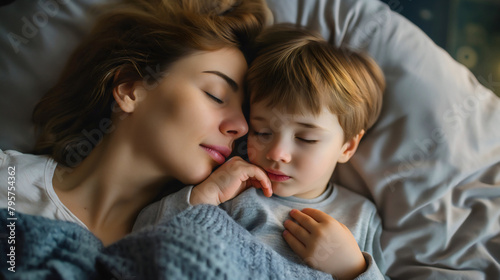 Top view of a beautiful young woman with brunette hair, mother smiling and looking at her toddler boy, mom and son are lying on the bed and sleeping. Motherhood concept, parent and child together