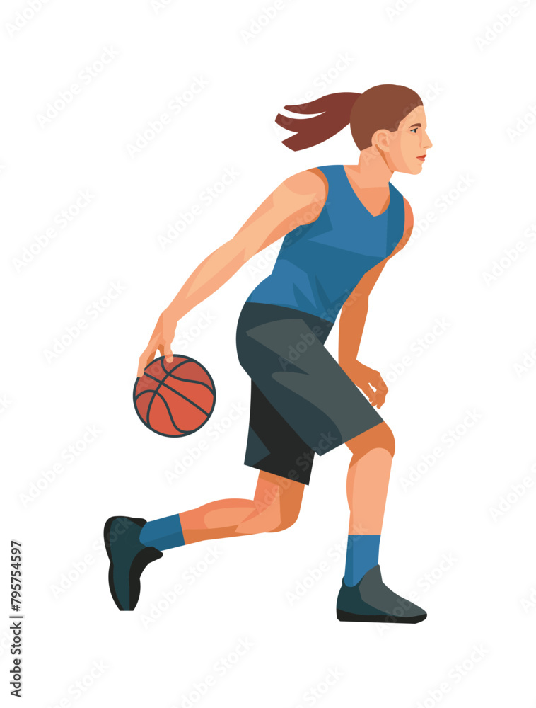 Isolated vector girl figure of a women's basketball player in a blue jersey standing in profile preparing to throw the ball