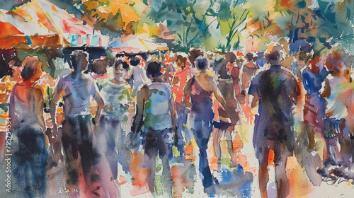 A painting depicting a busy street scene with a diverse crowd of people walking in different directions © sommersby