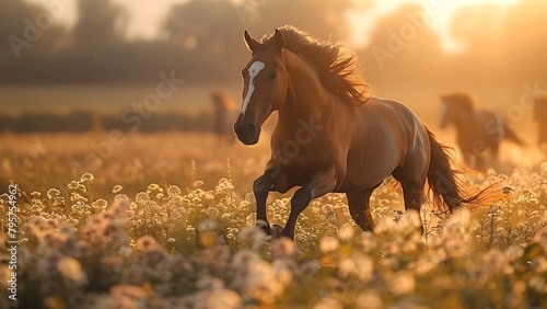 Wild horses gallop freely through blooming meadows and sunlit hills. Concept Nature, Wild animals, Galloping horses, Meadows, Hills