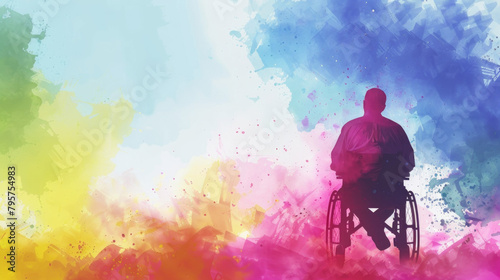 A man in a wheelchair is positioned in front of a vibrant and colorful backdrop