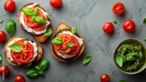  Three open-faced sandwiches with tomatoes, basil, and pesto on a gray surface Next to them, a bowl of pesto