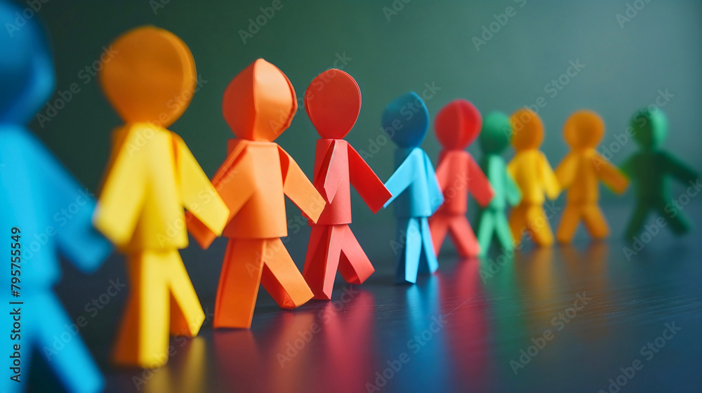 A chain of colorful paper cut out humans holding hands on a table surface. Social support for the community, friendship and togetherness, solidarity, equality A chain of colorful paper cut out humans holding hands on a table surface. Social support for the community, friendship and togetherness, solidarity, equality