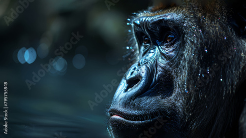  A tight shot of a monkey's face, adorned with water droplets, against a softly blurred background