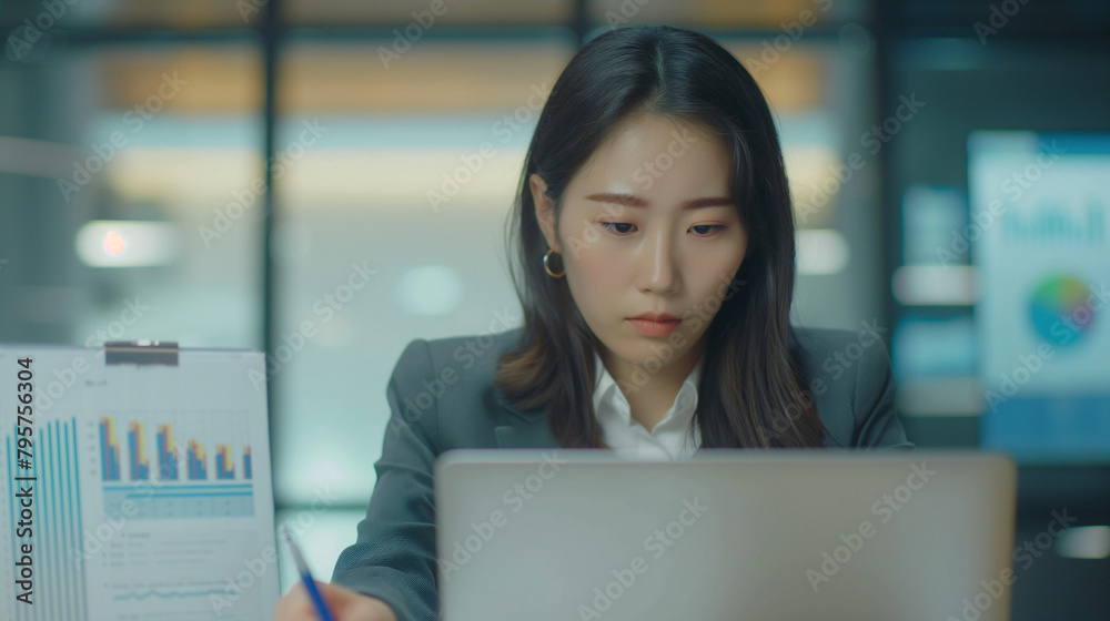 Asian businesswoman using laptop while analyzing reports in office. Asian businesswoman using laptop while analyzing reports in office.