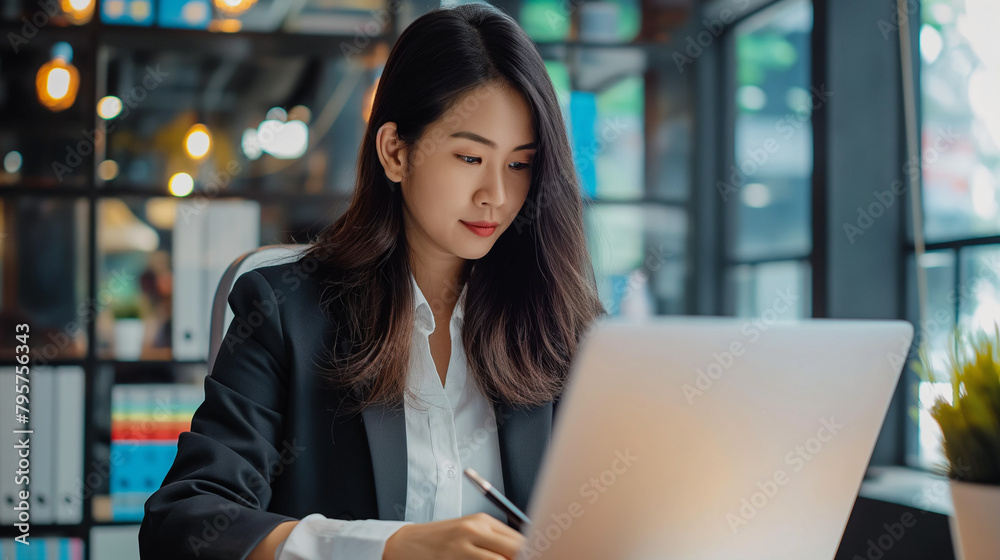 Fototapeta premium Asian businesswoman using laptop while analyzing reports in office.
