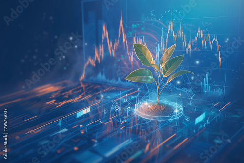 A plant is growing in a digital environment with a lot of numbers and graphs surrounding it. Concept of growth and progress, as the plant is thriving in a world of data and numbers