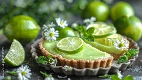  A close-up of a tart garnished with limes and flowers, adjacent to sliced limes on the table