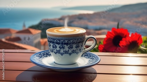 Traditional Turkish coffee on a balcony with a beautiful Turkish Mediterranean city in the background, a cup of coffee or tea on a blurred background of an evening Turkish seascape