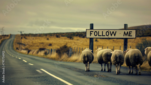 Sheep walking on street or road towards the sign with text follow me. Flock group following shepherd Jesus Christ, repent, believe gospel. Spiritual road or path, led astray, Bible God, copy space photo