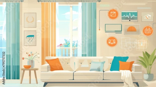 home setting explaining the health benefits of using special curtains that control humidity and filter pollutants  with icons and statistics