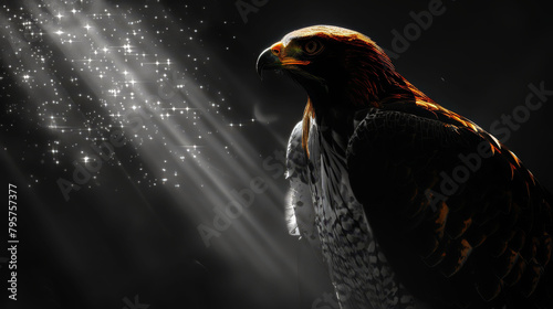   A birds of prey's detailed face against a dark backdrop, illuminated from above by a light source atop its head photo