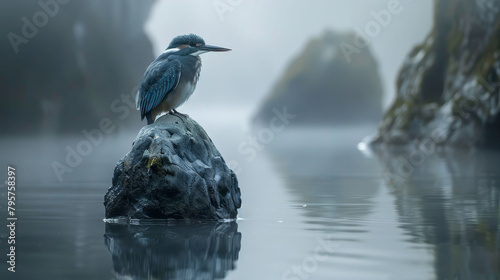   A bird perches atop a rock, situated in the center of a tranquil body of water Mountains loom in the background photo