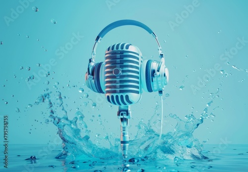 An artistic collage with modern headphones, a retro microphone on blue background, depicting podcasting and music creativity