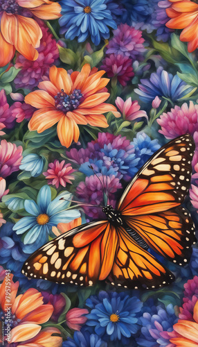 Bright monochrome butterfly amidst a blooming multicolored garden, perfect for design and decor © Mikalai